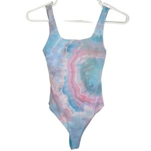 EUC Good American Bodysuit Tank Thong Size 0 XS Barbiecore Watercolor Tie Dye